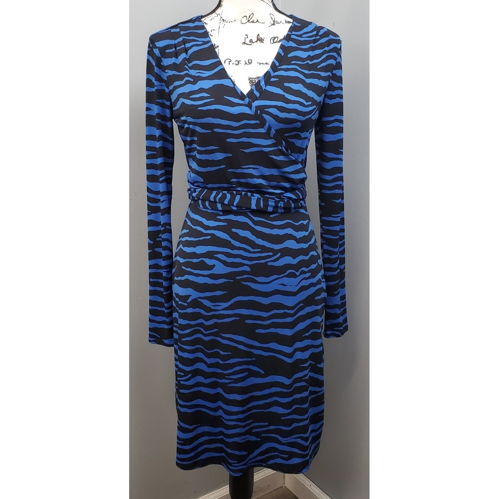 Nicole Miller Wrap Dress Women S Blue Black Zebra Print Stretch Tie Waist V-Neck